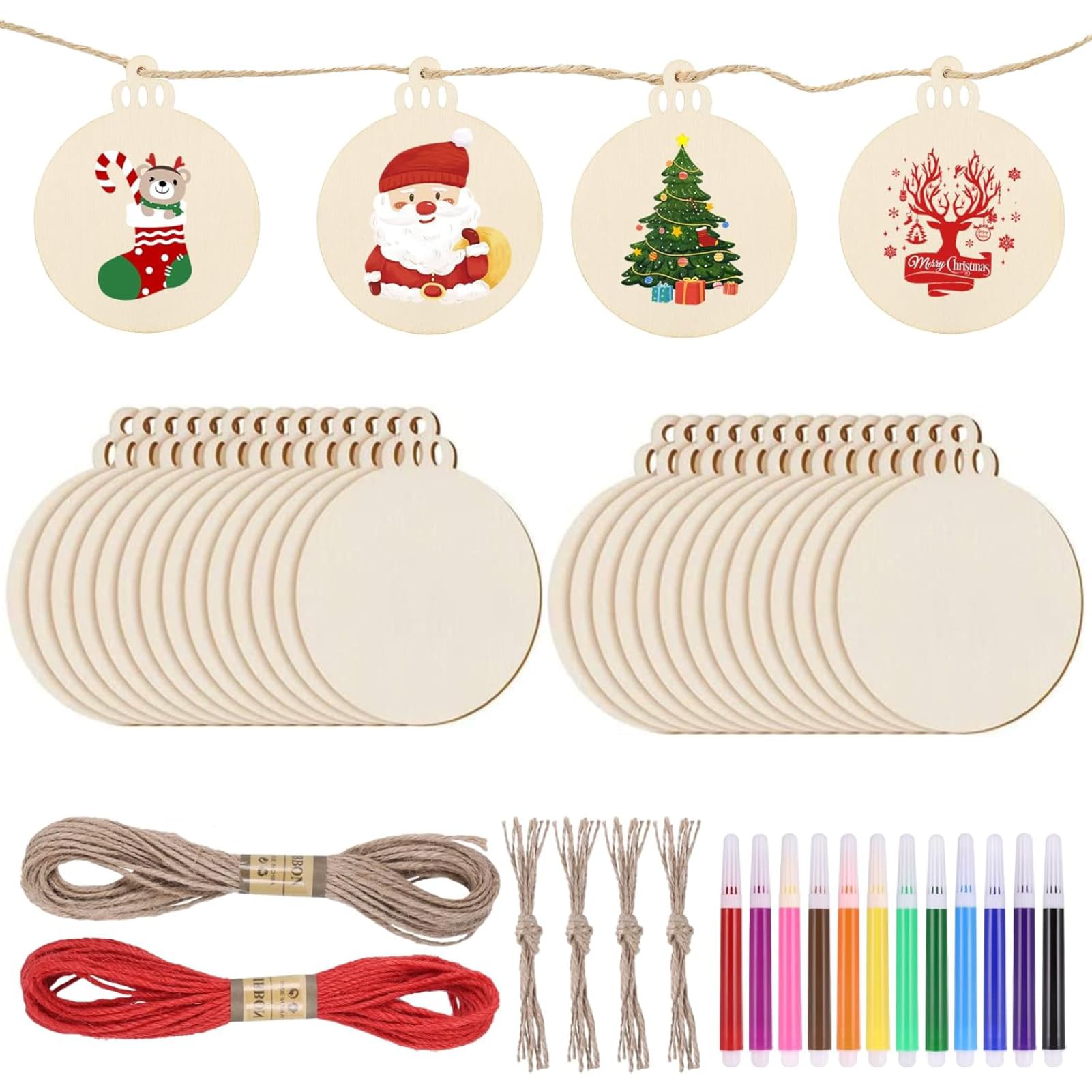 Zocipro 40Pcs Adornos Navideños Redondos de Madera Rebanadas, Adornos en Blanco con Forma de Farol con 12 Bolígrafos de Colores y 20m de Cordel, para Adornos Colgantes de Árboles de Navidad