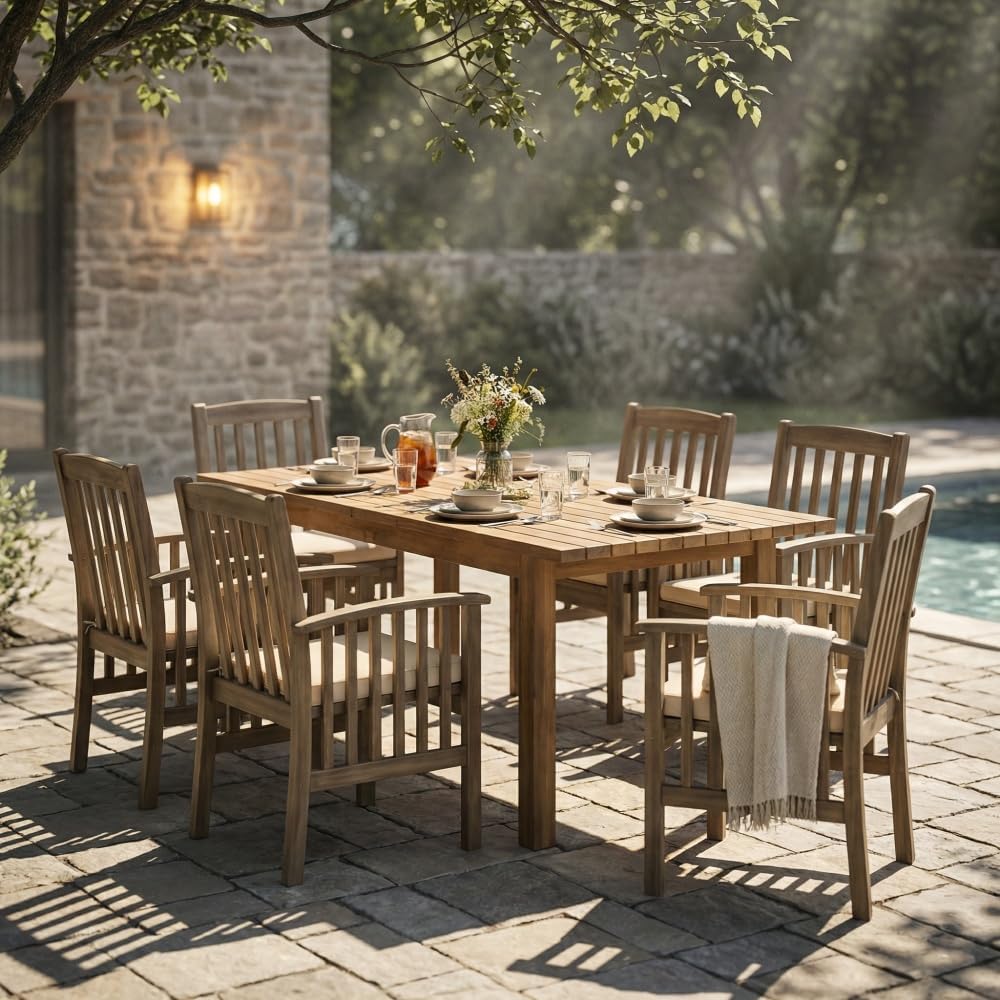 Elegant Acacia Wood Outdoor Dining Set with Comfortable Chairs and Spacious Table for Patio, Backyard, Deck or Garden Use (Grey + Teak + Acacia Wood + Foam)