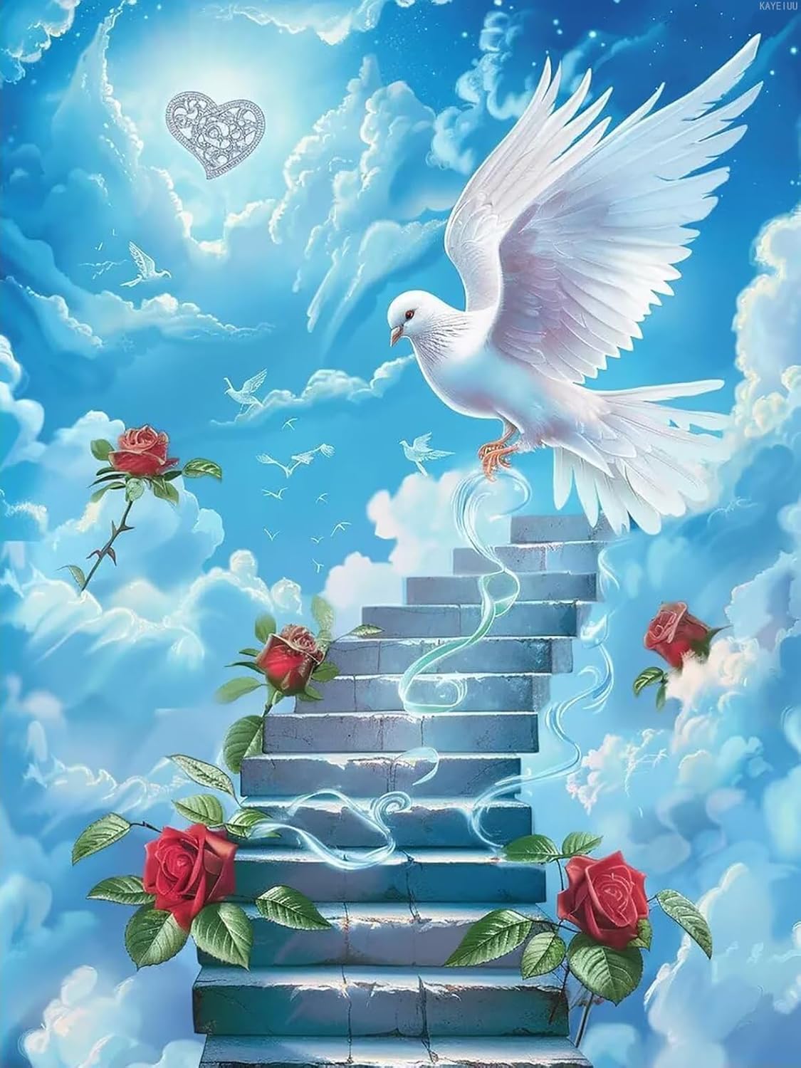 KAYEIUU Stairway to Heaven 5D Diamond Painting Kits for Adults, DIY Diamond Art White Dove Diamond Painting Full Drill Beginners Craft Kits for Home Wall Decor Gifts 12x16 inch