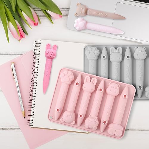 Miniatura 6 de Paquete de 2 moldes de silicona 3D, moldes de crayones de silicona aptos para horno, moldes de crayones de temática animal rosa y gris para crayones