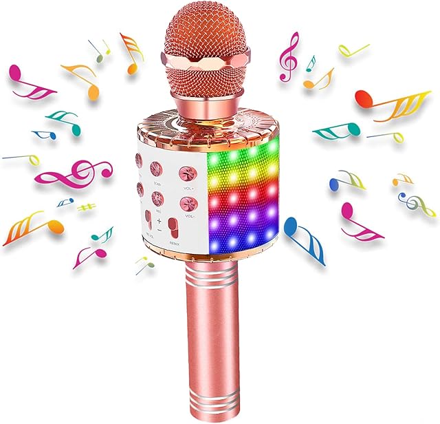 Karaoke Wireless Microphone for kids Adults, Crapuschla Portable Karaoke Mic Speaker with Dancing LED Lights, Home PC/Android/IOS Smartphone Bluetooth Microphone for Party, Singing, Recording