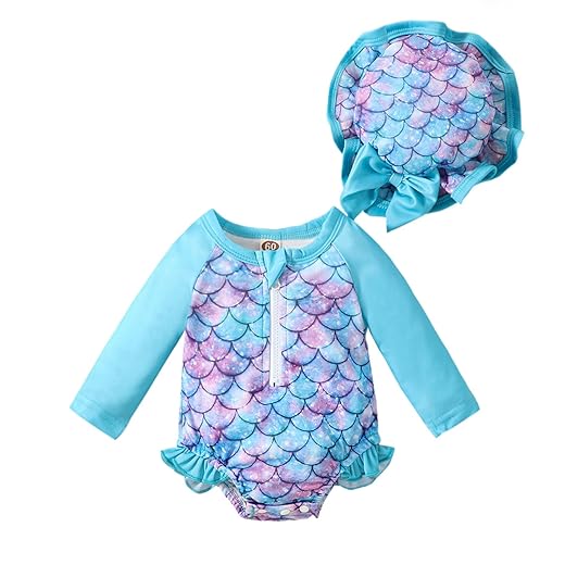 Aimaopao Infant Baby Girls Swimsuit Long Sleeve Zipper Bathing Suit One Piece Swimwear with Hat for Beach Wear (Mermaid Green, 6-12 Months)