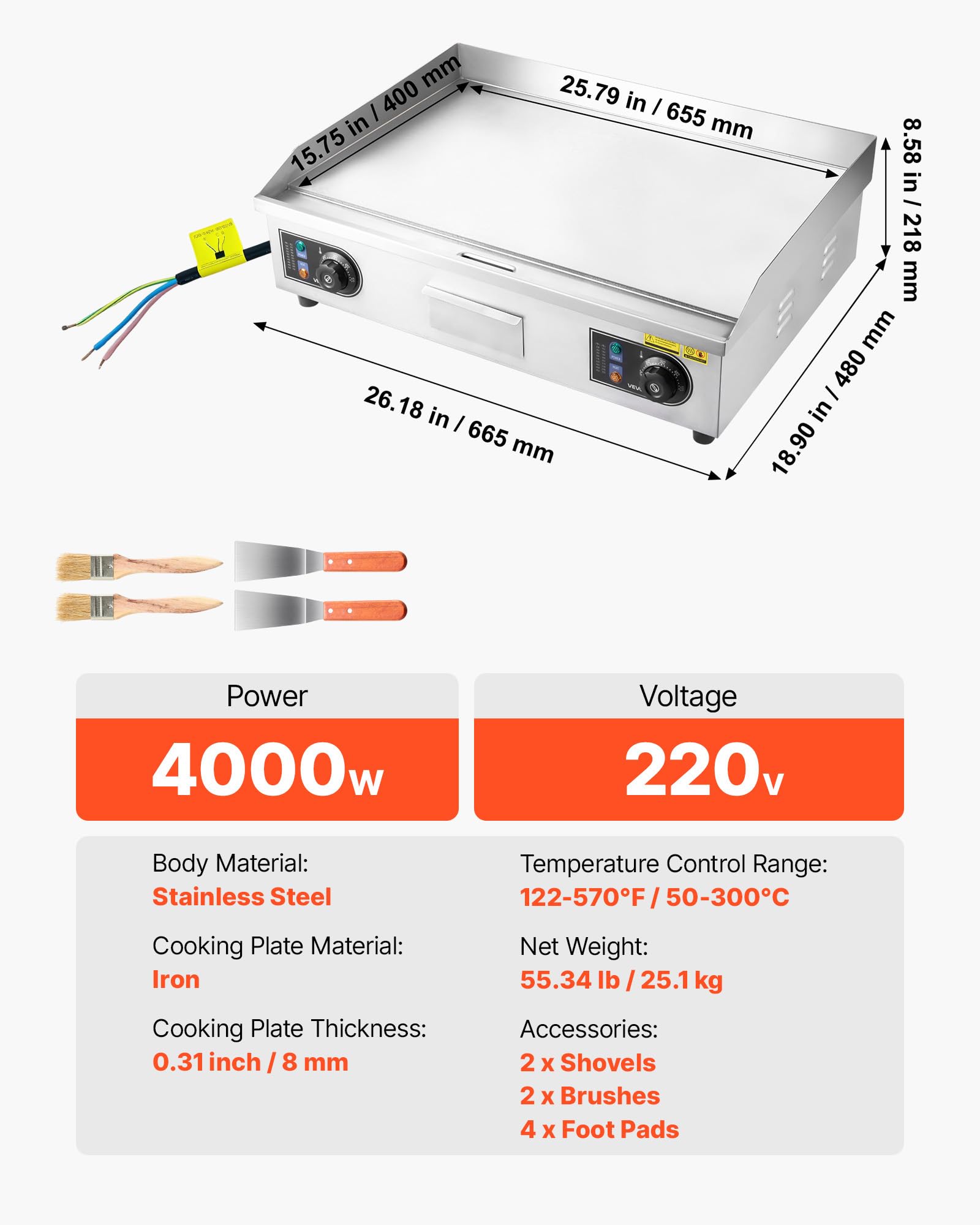 VEVOR Piastra per BBQ Elettrica Commerciale 655 x 400 mm 4000 W, Temperatura Regolabile, Griglia Piatta da Banco per Cottura BBQ Carne, Griglia da Banco con Accessori per Bistecche, Senza Spina