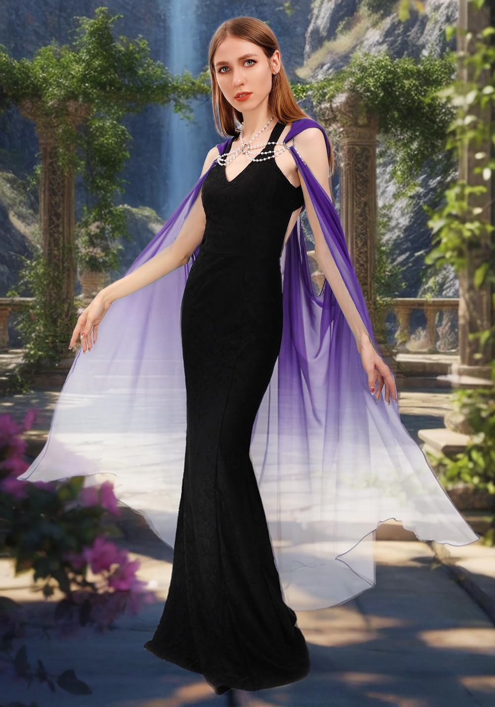 Womens Chiffon Tulle Hooded Cape Gothic Elf Sheer Cloak Shoudler Capelet for Wedding Halloween - Image 4