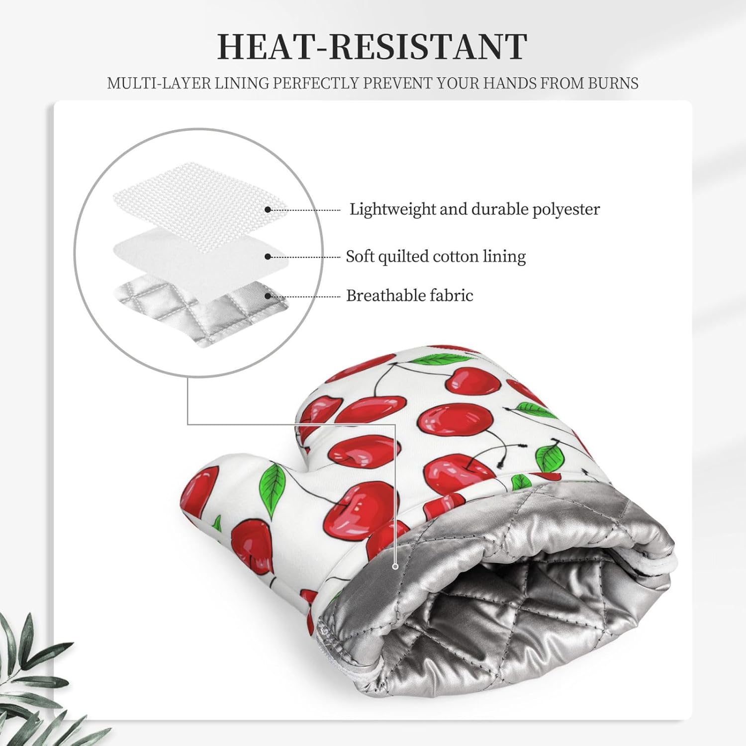 Cute Cherry Oven Mitts and Pot Holders Sets, Home Silicone Heat Resistant BBQ Gloves for Kitchen Baking Cooking Grilling Microwave