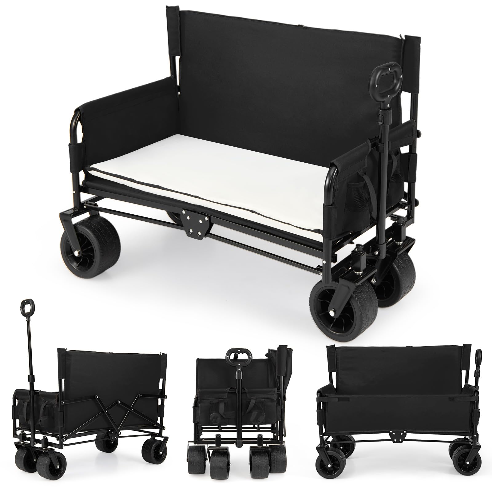 COSTWAY 2 en 1 Banco y Carro Plegable con Ruedas Grandes, Carro Playa, Jardín con Asa Ajustable, Cojines y Ruedas, para Transporte, Camping, Playa y Compras, Carga 80kg, 96x59x75-106 cm (Negro)