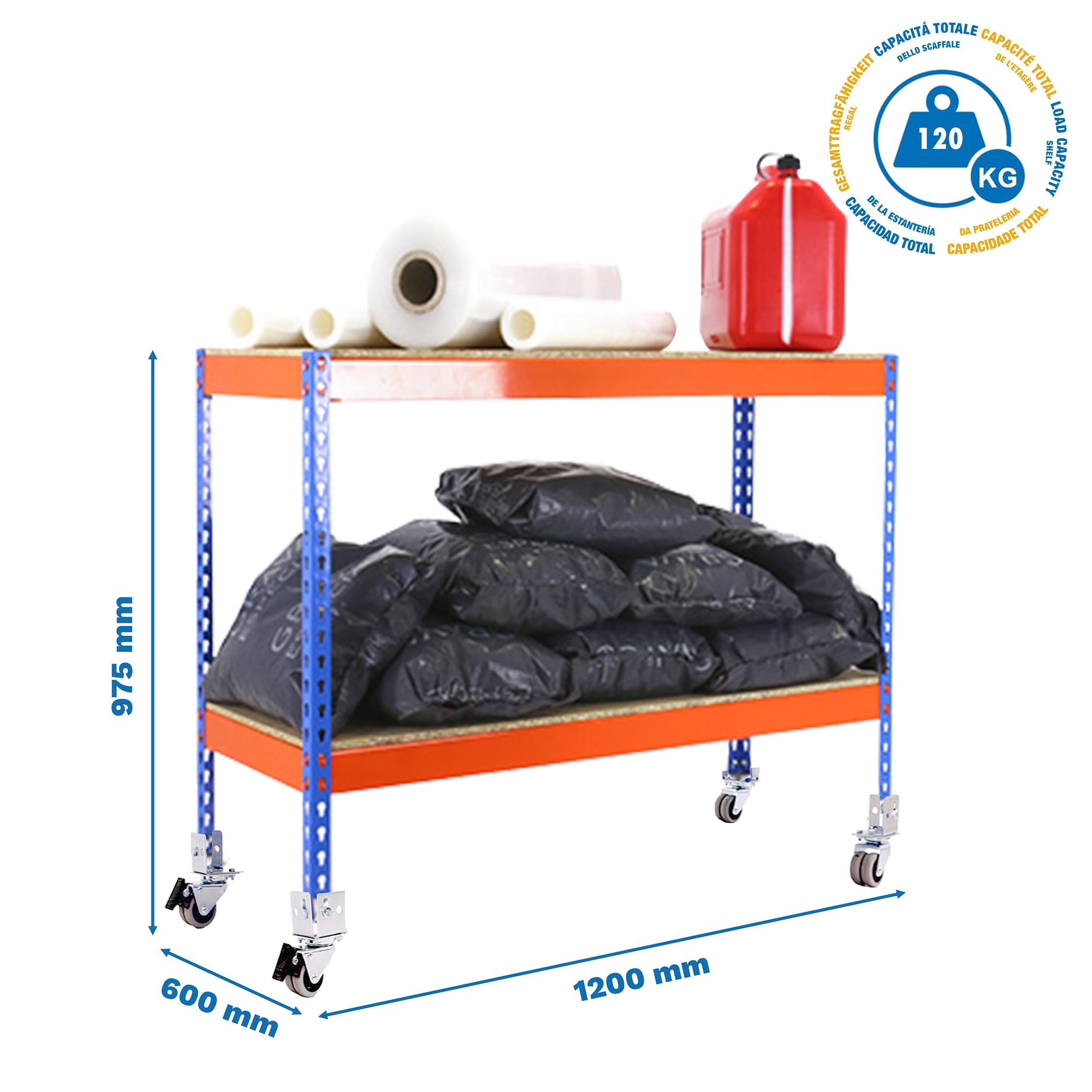 Simon Rack Étagère Charge Lourde avec Roues 975x1200x600 mm, 2 Niveaux Bois, 75 kg par Niveau, Structure Acier, Bleu/Orange/Bois - Ecoforte