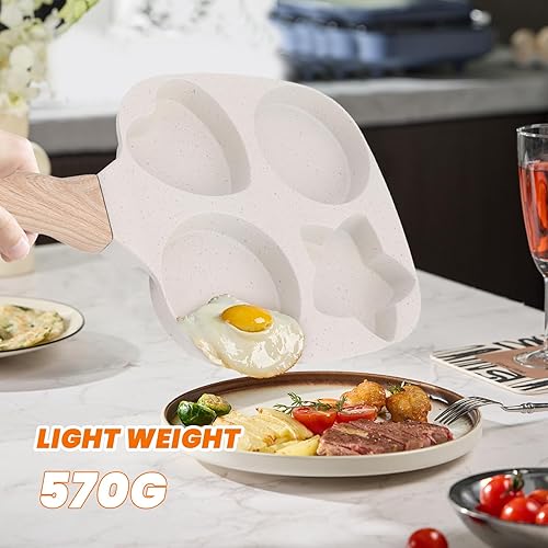 Miniatura 6 de Topyond Sartén para huevos de 4 tazas para desayuno, huevo, panqueques, hamburguesas, con mango de madera cómodo, antiadherente, aleación de