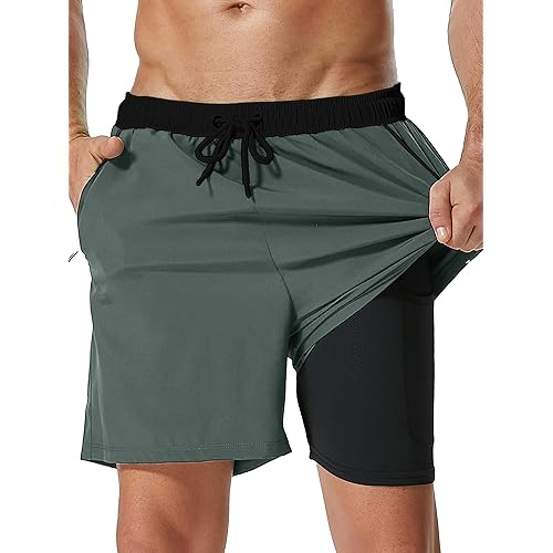 SILKWORLD Mens Swim Trunks with Compression Liner 2 in 1 Quick Dry Bathing Suit Beach Shorts with Zipper Pockets