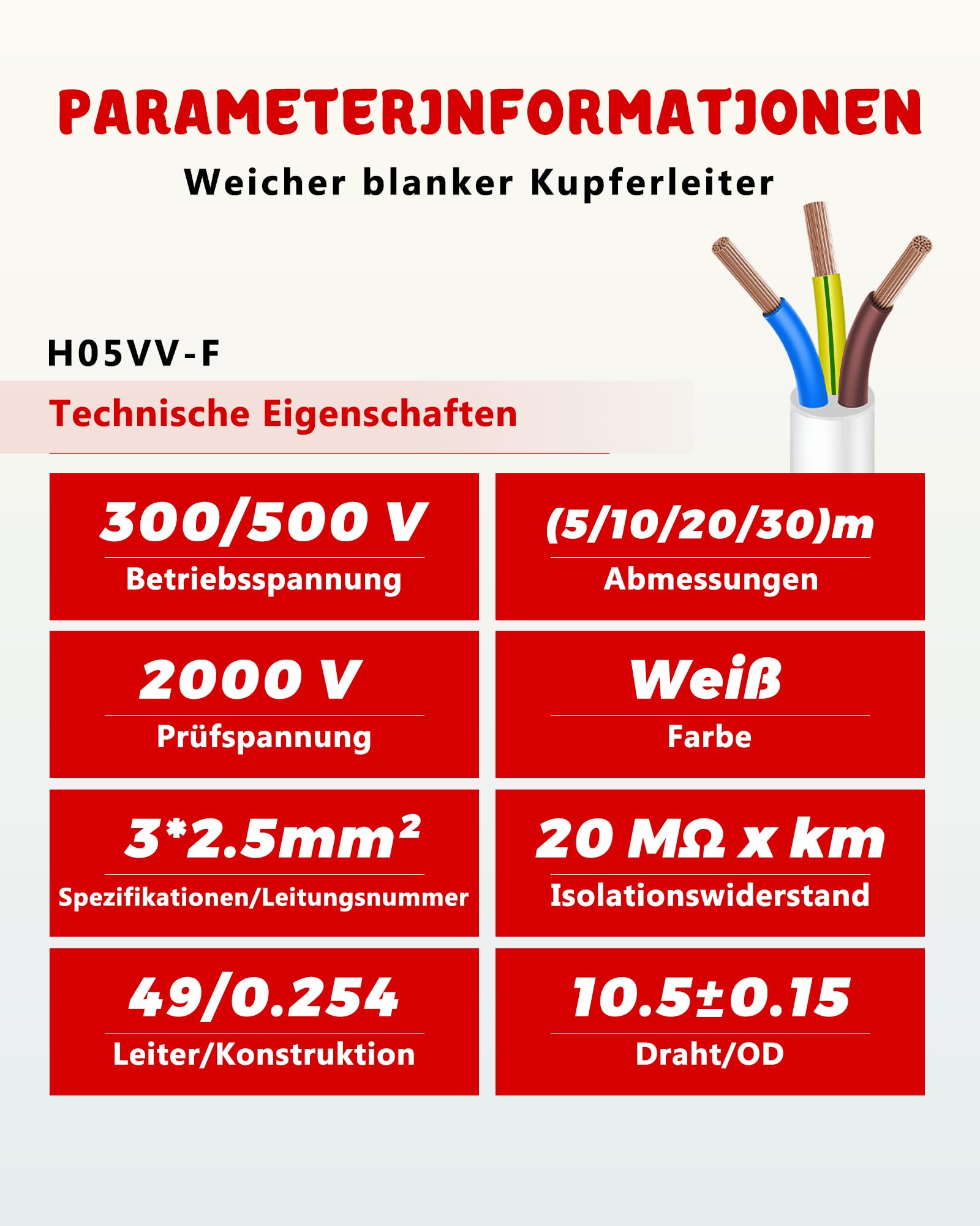 Kabel PVC H05VV-F 3 Gx2,5mm² 20 metrów - wielożyłowy drut miedziany - do profesjonalnego użytku i intensywnego majsterkowania - Napięcie 300/500V - rolka