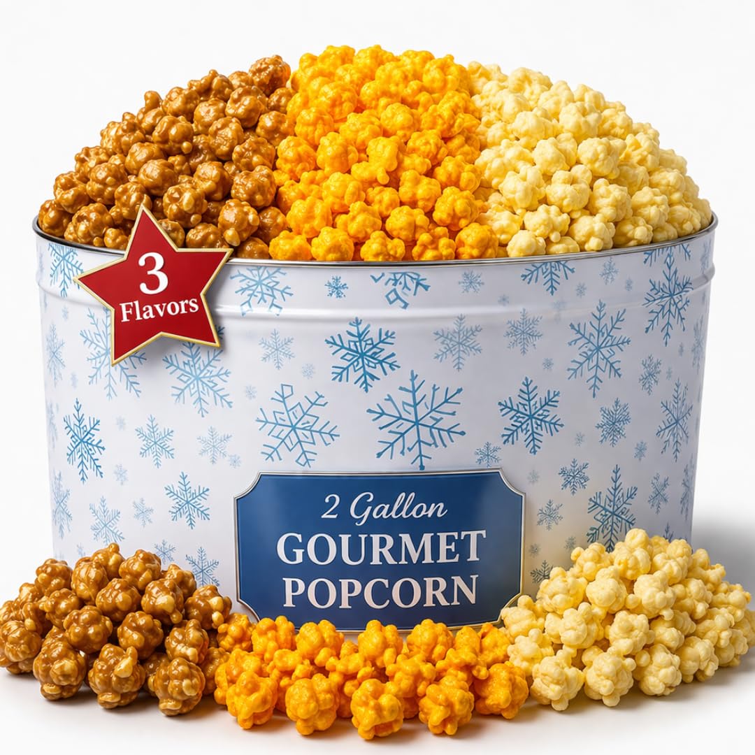 Christmas Popcorn Tin Gift – 3 Flavor Gourmet Popcorn (Caramel, Cheddar & Butter) – 2 Gallon Holiday Popcorn Tin – Large Gift Basket for Family, Office & Corporate Gifts