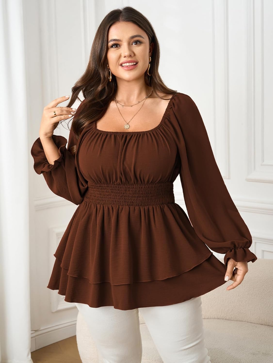 SCOMCHIC Womens Plus Size Peplum Tops Square Neck Long Sleeve Blouses Layered Ruffle Hem Smocked Casual Babydoll Top - Image 3
