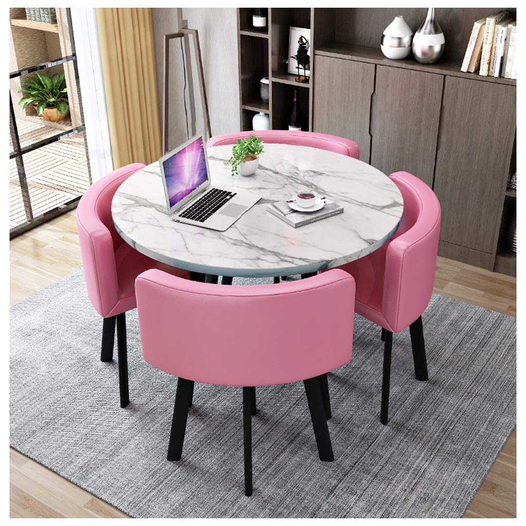 ASerZenith Balcony Dining Table Set With 4 Leather Chairs 5 Piece Kitchen Dining Furniture 80Cm/90Cm Round Wooden Table With Metal Legs Office Reception Leisure Table Black Color.,Pink-90Cm/35In