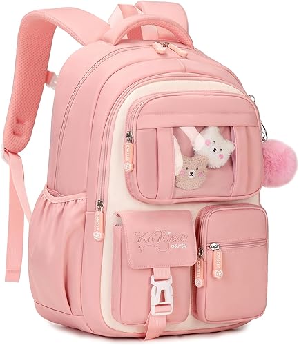 Miniatura 9 de Mochila infantil para niñas, bolsas escolares para estudiantes de secundaria, bolsa de libros para escuela primaria, Rosa y beige., Tamaño único