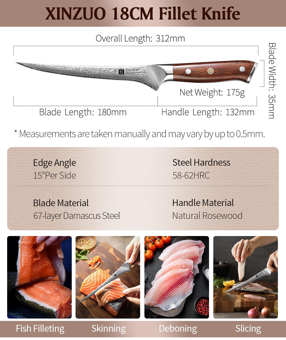XINZUO Acier Damas 18cm Couteau à Filet, 67 Couche Damas Acier de Couteau à Désosser pour Désosser le Poisson et la Viande, Couteaux à Fileter Chef Professionnel -Poignée Bois de Rose