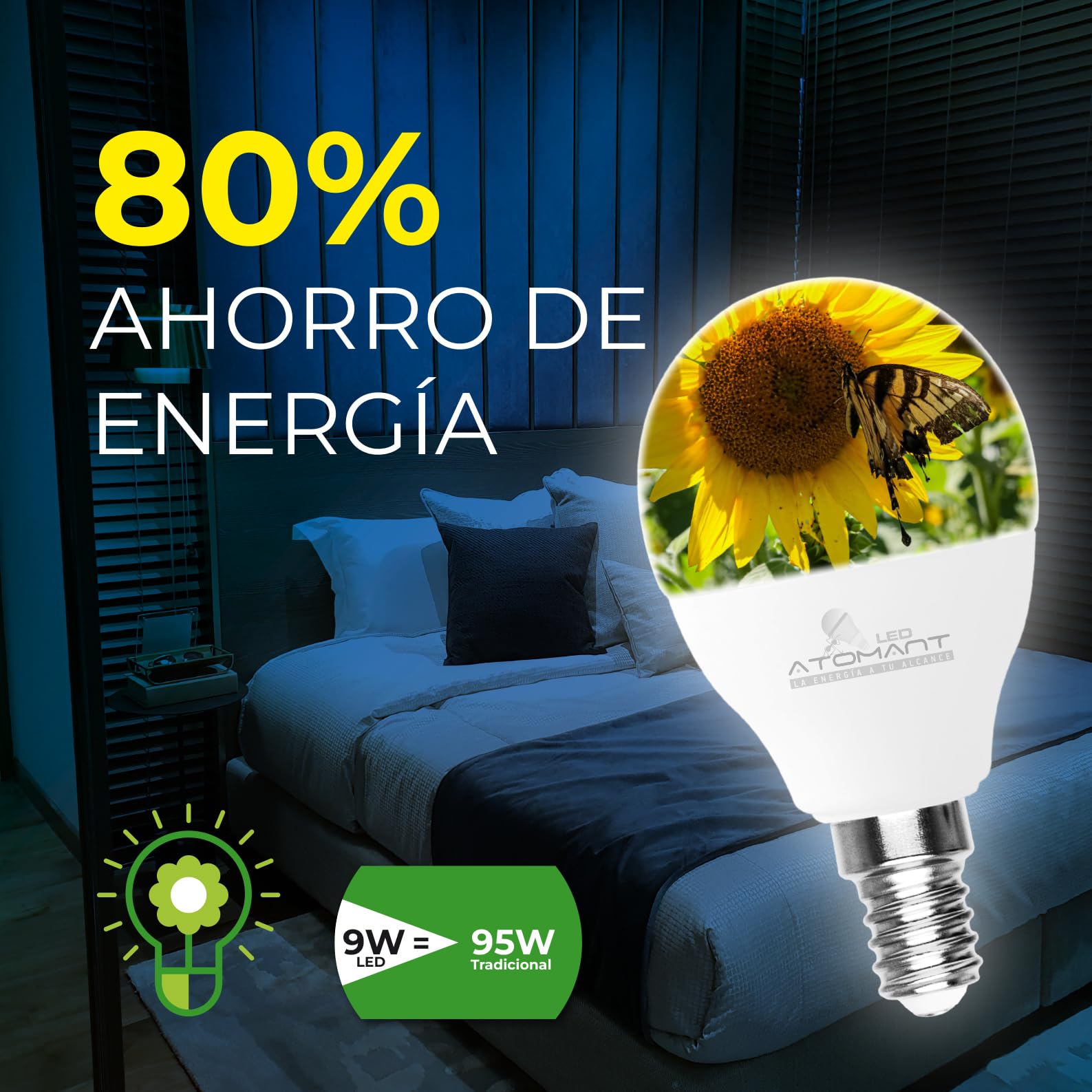 LED ATOMANT Pack 10x Bombilla LED E14 G45 9W, Color Blanco Frio (6500K), 950 Lumenes, Casquillo fino, Equivalente a 95W tradicional