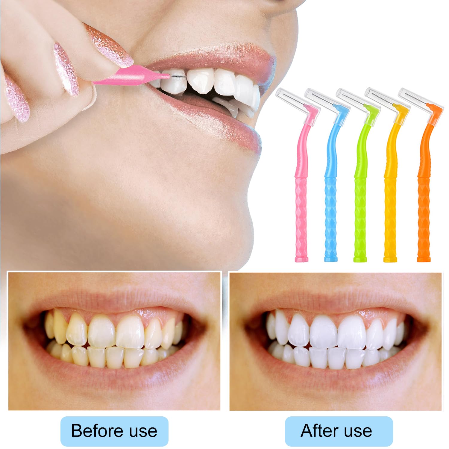 50 Pezzi Spazzolini Interdentali, Angolati Scovolini Dentali Morbido con Coperchio, Scovolino per Pulizia Denti, per Pulizia Denti Rimuove la Placca Batterica(5 Colori e 5 Misure)