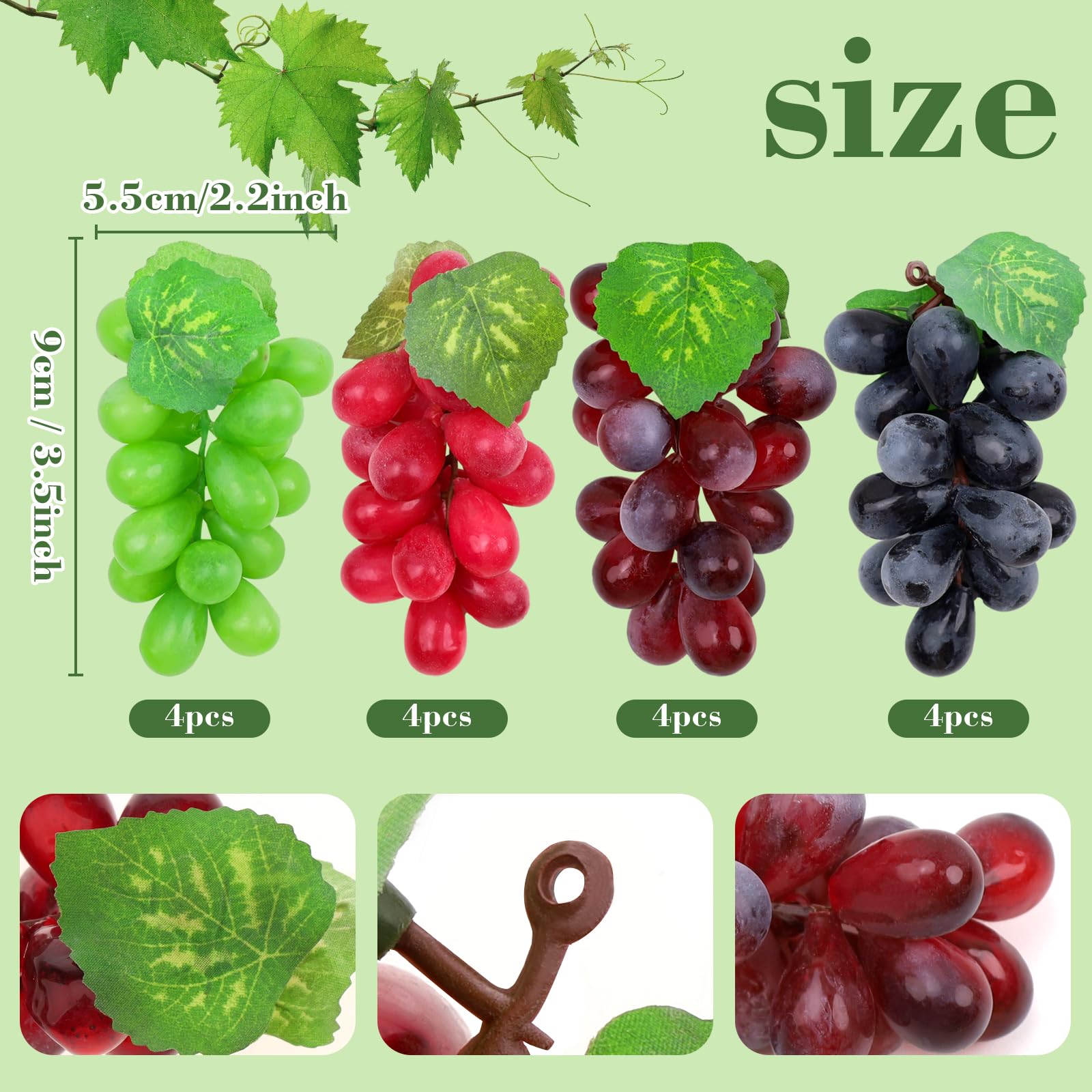 Folmywy 16 Pack Artificial Fake Grapes Simulation Faux Grape Bunches Black Purple Red Green Realistic Rubber Fruits Decoration for Wedding Party Home Fruit Wine Garland Decor