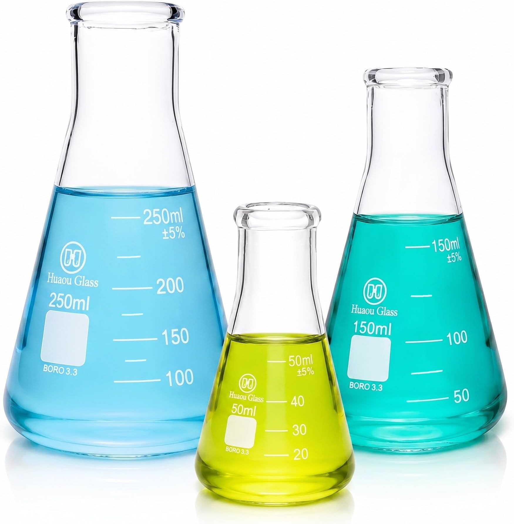 Glass Erlenmeyer Flask Set 50ml 150ml and 250ml, Narrow Mouth Graduated Flasks, 3.3 Borosilicate Glass, Ideal for Laboratory, Classroom or Home Use, HUAOU