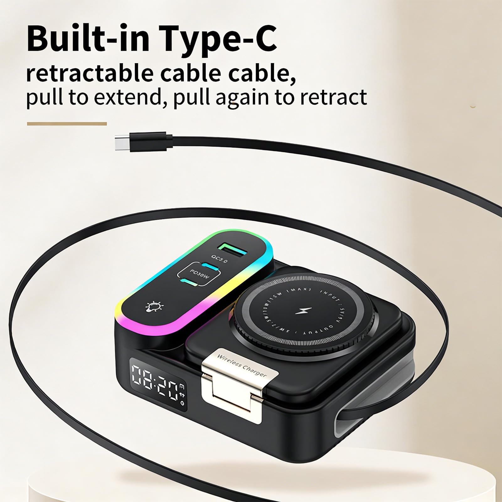 Generico Caricabatterie magnetici 3 in 1 con Cavo Retrattile Ricarica Rapida da 15 W per Orologio e Auricolari Caricatori Multipli