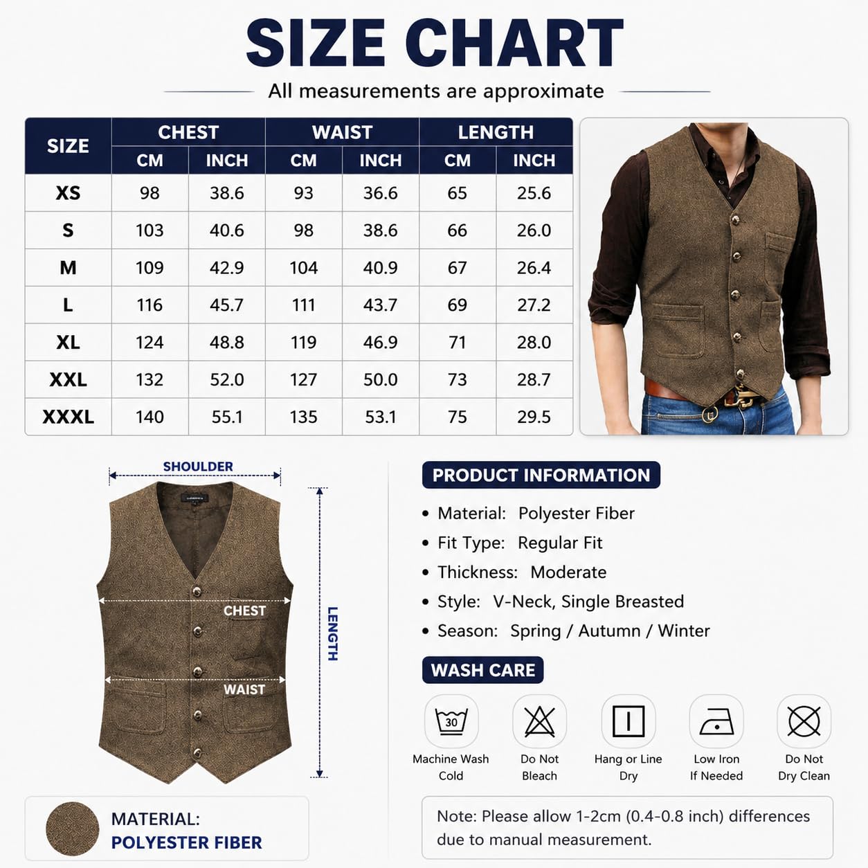 Generico Gilet Da Uomo A Spina Di Pesce Con 5 Bottoni, Scollo A V, In Tweed, Con Tasche, Giacca Casual Vintage Senza Maniche Per Matrimoni, Feste E Oktoberfest.