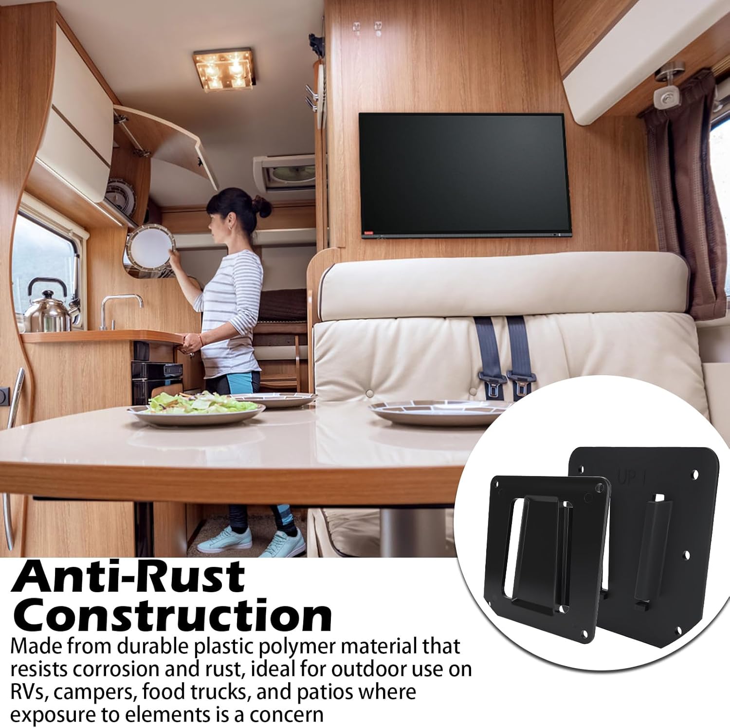 Anti-Rust Quick Release RV TV Mount, Plastic Polymer, VESA 100x100mm, for Screens up to 43 inches and 30 lbs, Low Profile Wall Bracket, for Camping, Truck, Movie Night, 2 Wall Plates 1 VESA Bracket