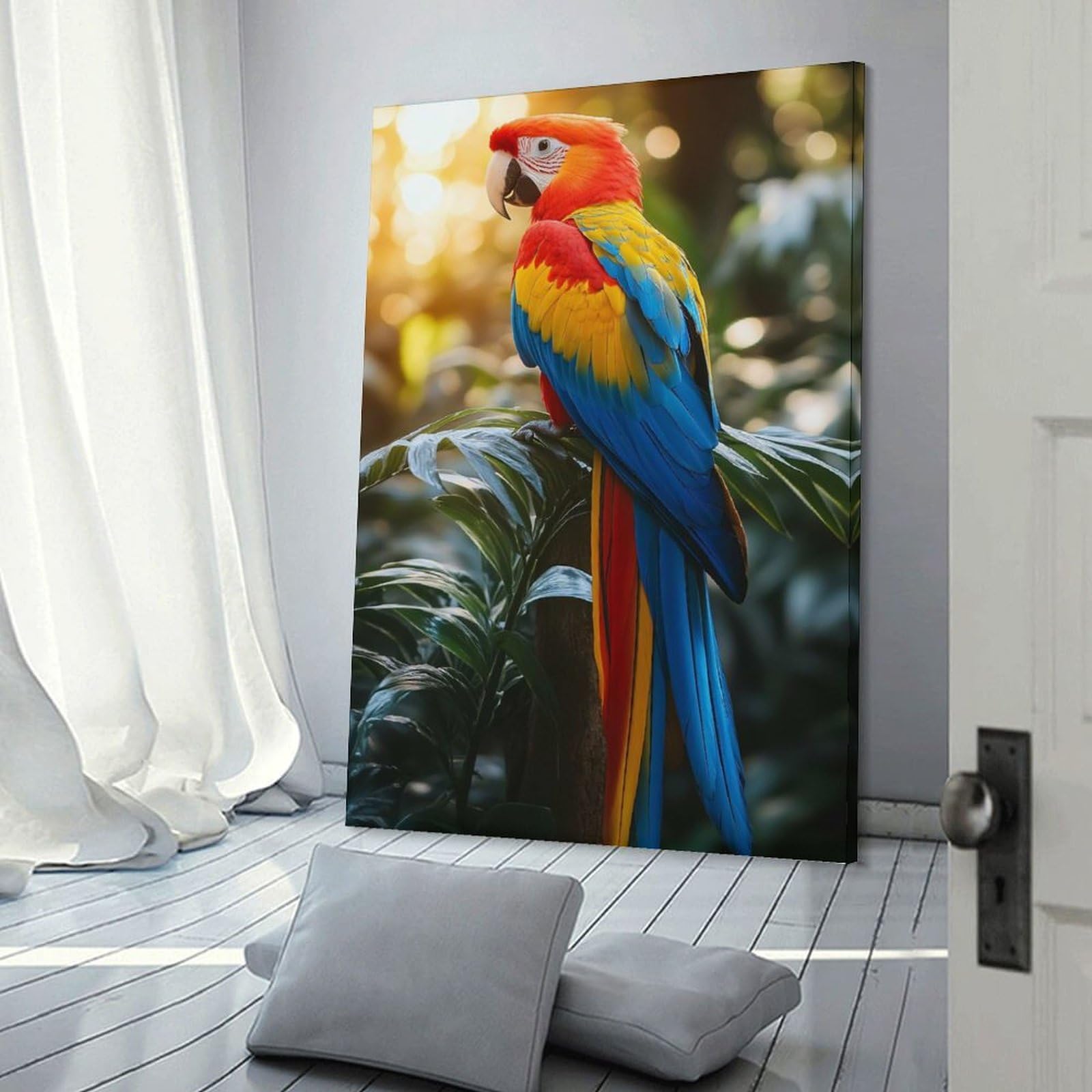 Junmoney Colorful Macaw Parrot Perched on Branch Wall Art Print, 24x36inch(60x90cm), for Bedroom Decor, Cosy Corners Or Studios, Decorative Wall Art for Cosy Rooms