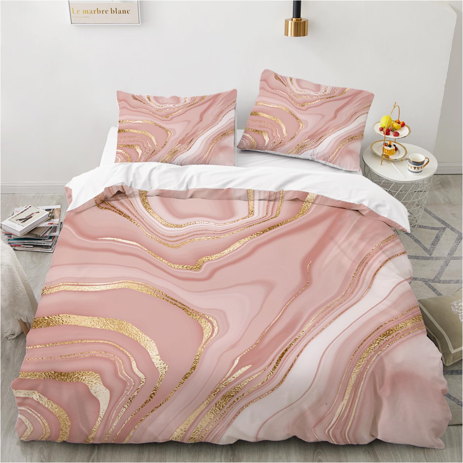 Gezu Marmor Bettwäsche 220x240cm 3teilig Rosa Weiß Gold 3D Marmor Aesthetic Microfaser Bettwäsche Set Luxus Moderne Bettbezug mit Metallic-Glitzermuster Teenager Wendebettwäsche und Kissenbezüge 80x80