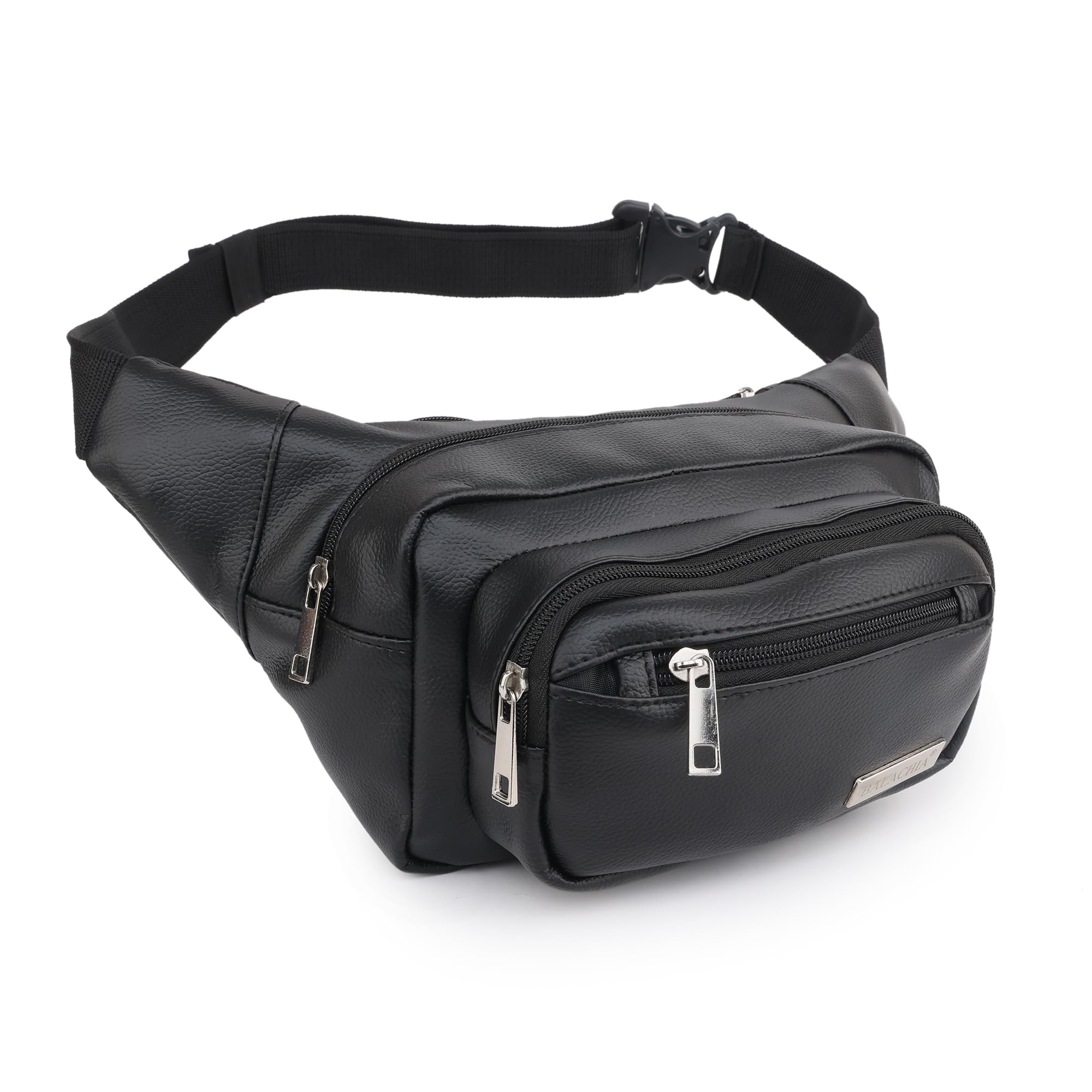 Black Faux Leather Waist Bag with Multiple Zippered Compartments, Adjustable Strap Waist Bags for Men Women Waterproof Pocket, Large Fanny Pack for Hiking Travel, Money Belt (Black)-image-17