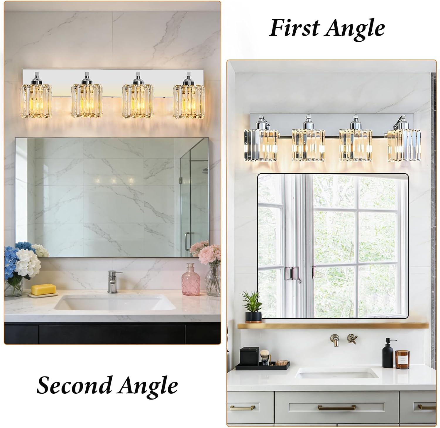 Brushed Chrome Crystal Bathroom Vanity Light, 4-Light Modern Bathroom Lighting Fixtures Over Mirror,Chrome Wall Sconce Light Fixtures with Square Shade