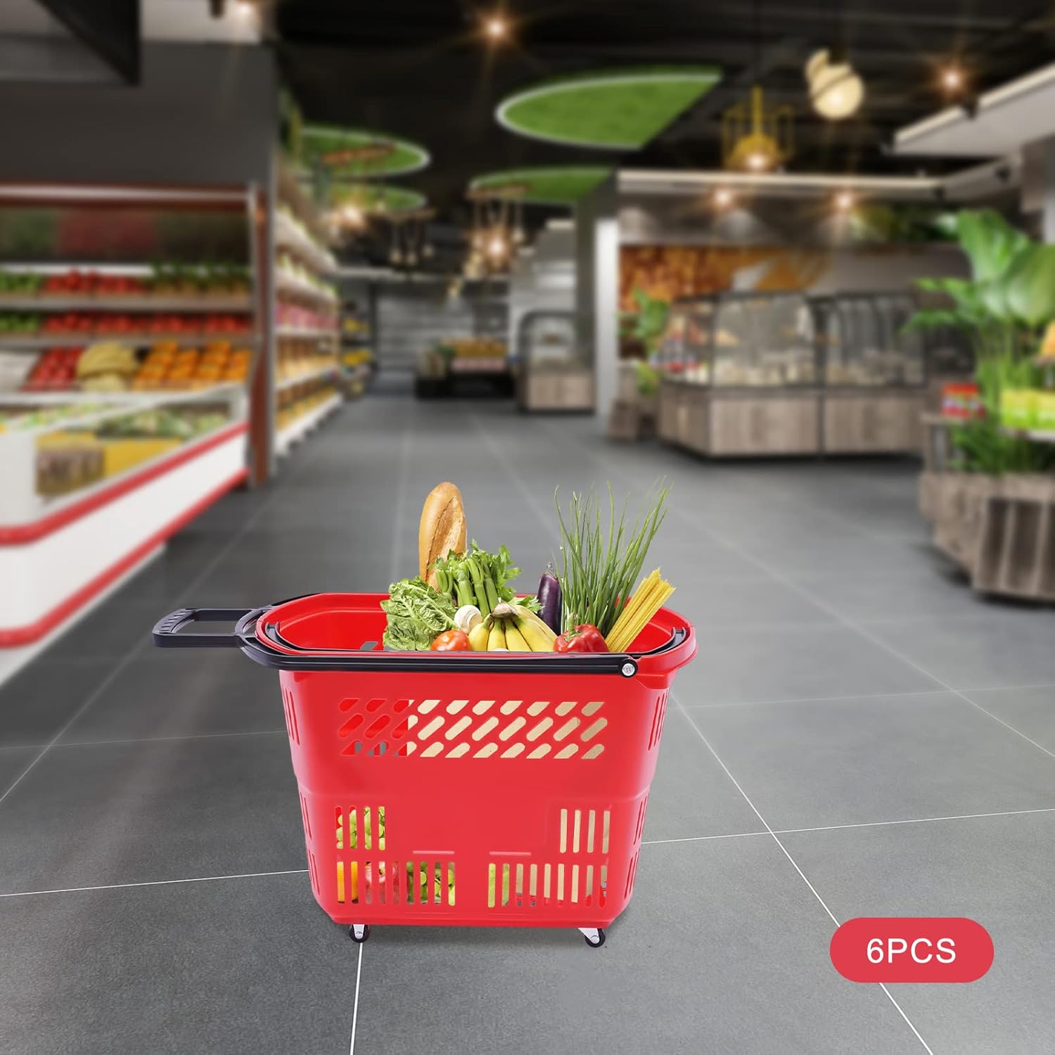 6PCS Shopping Basket Carts, 35L Shopping Carts with Wheels and Handle, Black Shopping Basket Plastic Rolling Shopping Basket, Portable Shopping Basket Set in Supermarkets and Retail Stores (Red)
