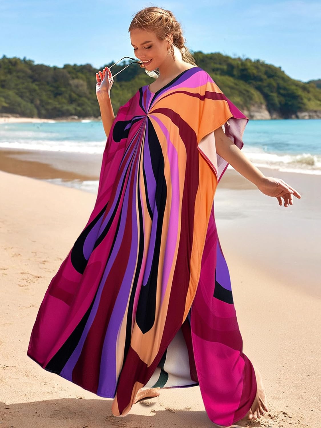 RanRui Floral Print Kaftan Dresses for Women Ethnic Boho Print swim cover up Batwing Sleeve Vneck Caftans - Image 6