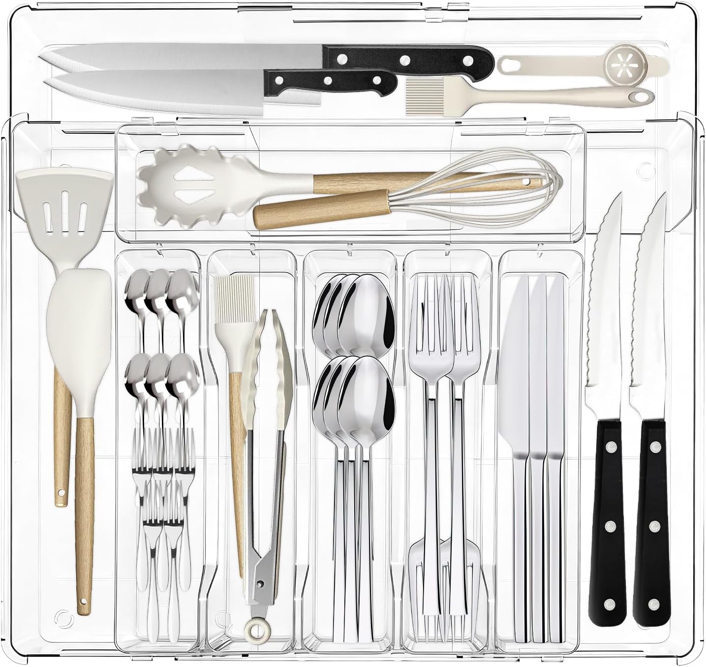 Expandable Silverware Organizers for Kitchen Drawer, Clear Utensil