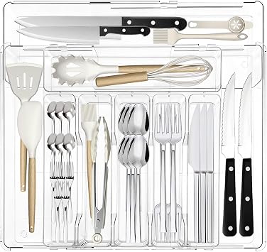 Expandable Silverware Organizers for Kitchen Drawer, Clear Utensil