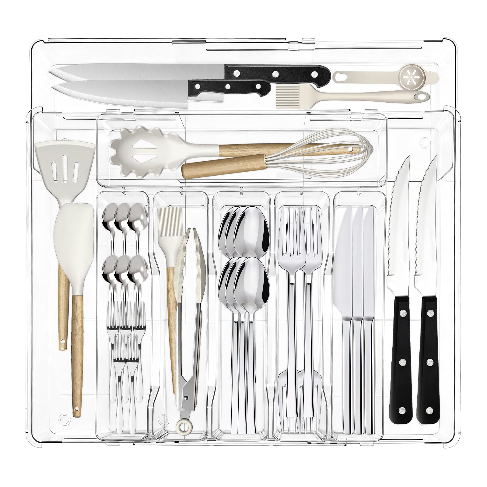 Pesilo Expandable Silverware Organizers for Kitchen Drawer, Clear Utensil Drawer Organizer Tray, Adjustable Cutlery Flatware Holder for Spoon Fork