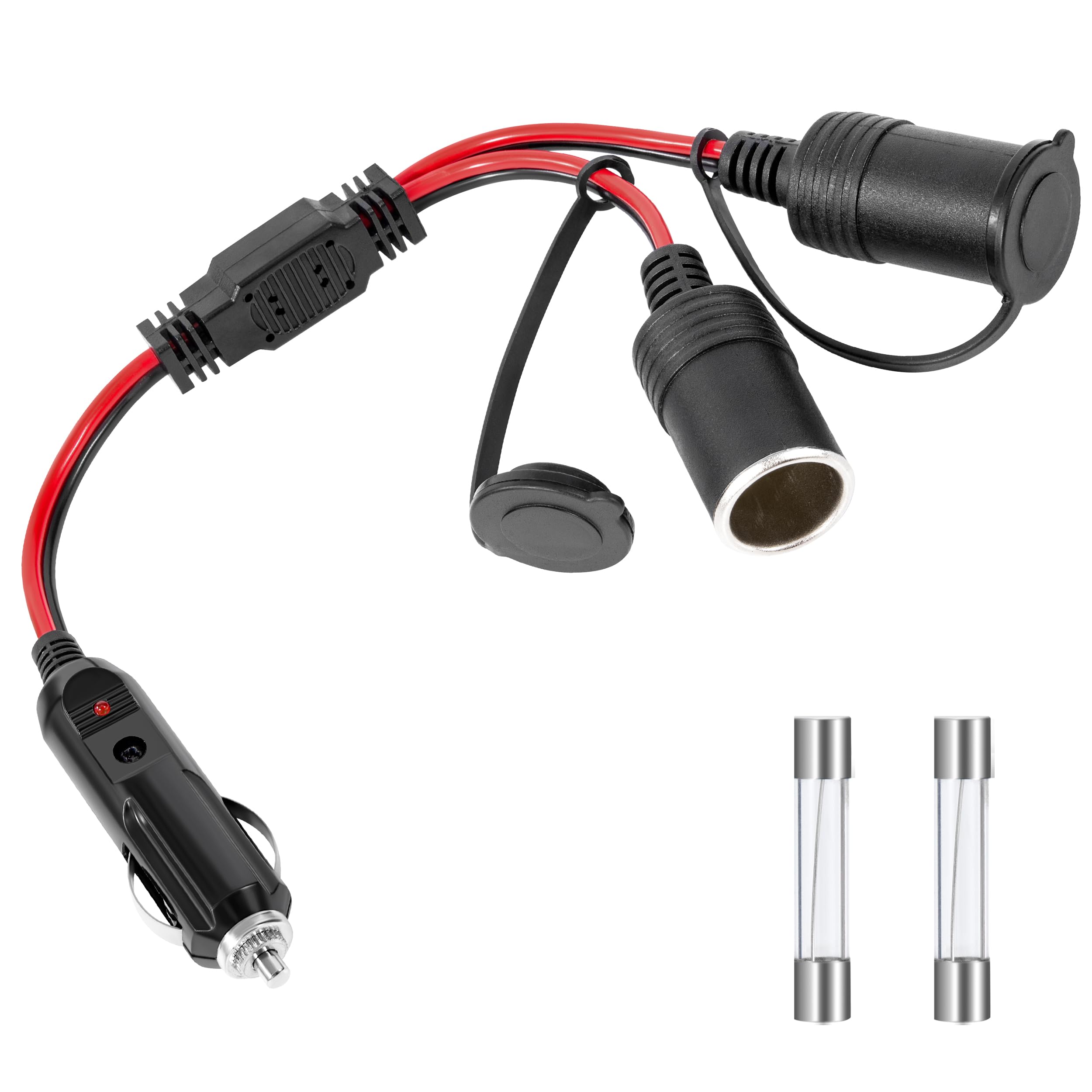 Rozdzielacz do zapalniczki samochodowej 12 V/24 V, adapter do gniazda zapalniczki samochodowej, wtyczka przedłużająca 25 cm, 16 AWG, 1 do 2 rozdzielaczy, gniazdo wtykowe z bezpiecznikiem 15 A