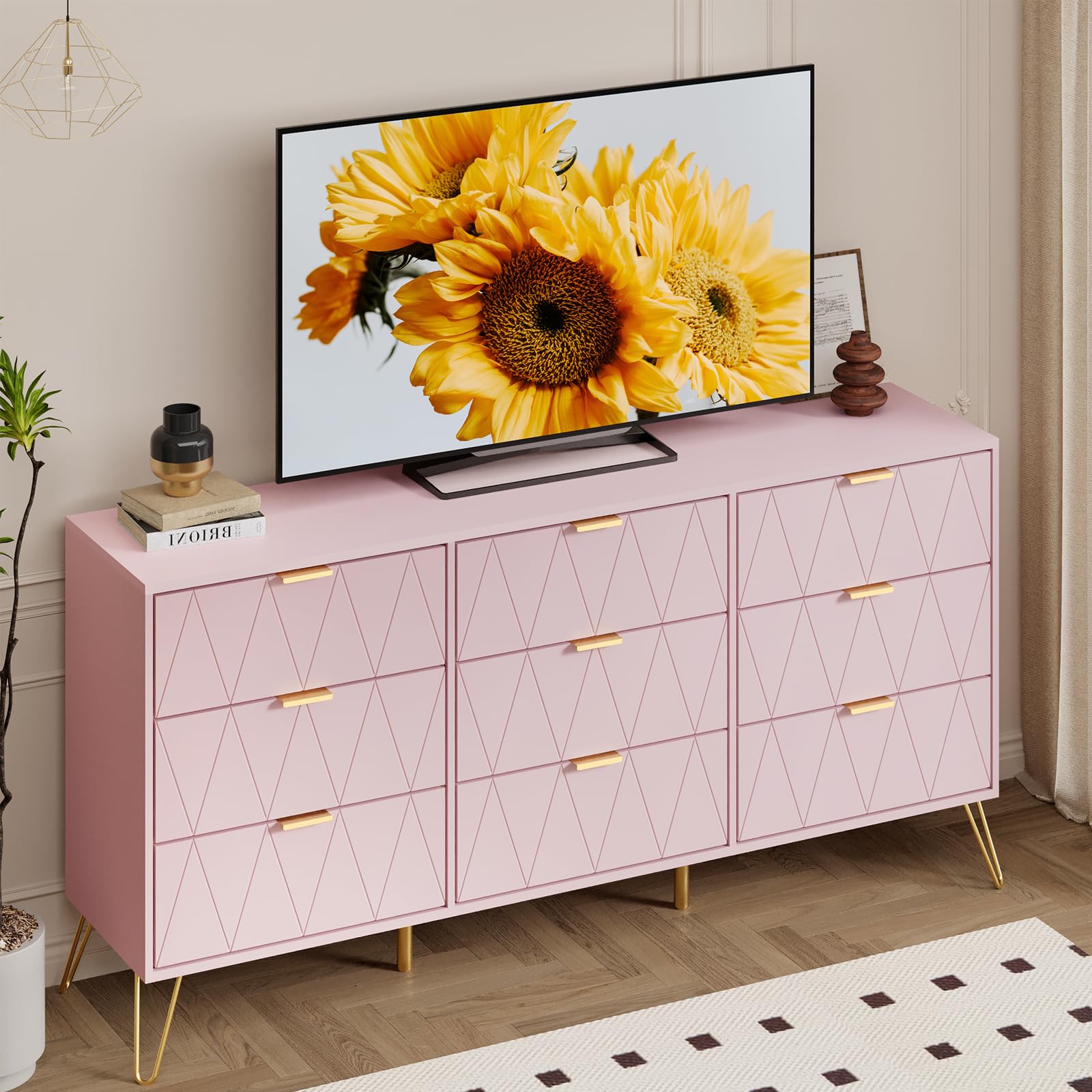 Anbuy Pink 9 Drawer Dresser for Bedroom with Gold Handles, Long Dresser & Chest of Drawers with Deep Drawers, Modern Wood Dressers for Closet Living