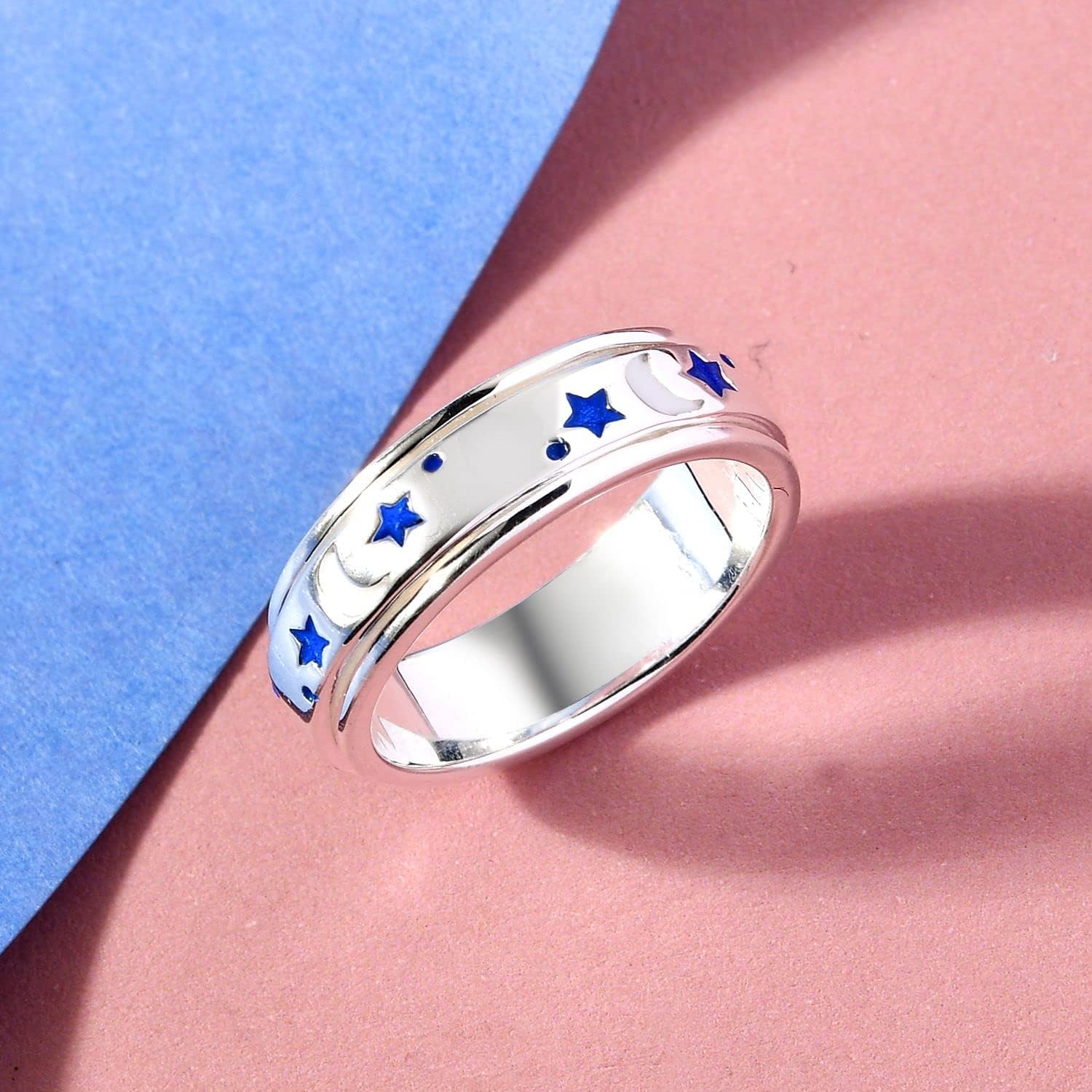 925 Sterling Silver Blue & White Enamel Moon Star Anxiety Spinner Ring for Women Platinum Plated Boho Wedding Anniversary Fidget Stress Relieving Band Ring for Men Size 5 Christmas Gifts