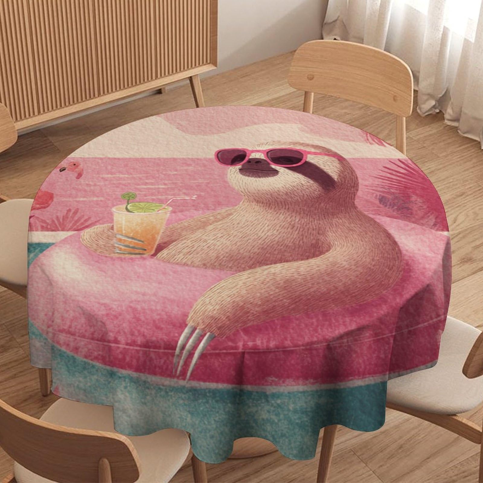 LUYYSKY Rustic Colorful Sloths Waterproof Round Tablecloth Modern Funny Summer Tropical Palm Trees Animals Sloths Flamingos Washable Table Cover for Kitchen-127 Wx127 L cm