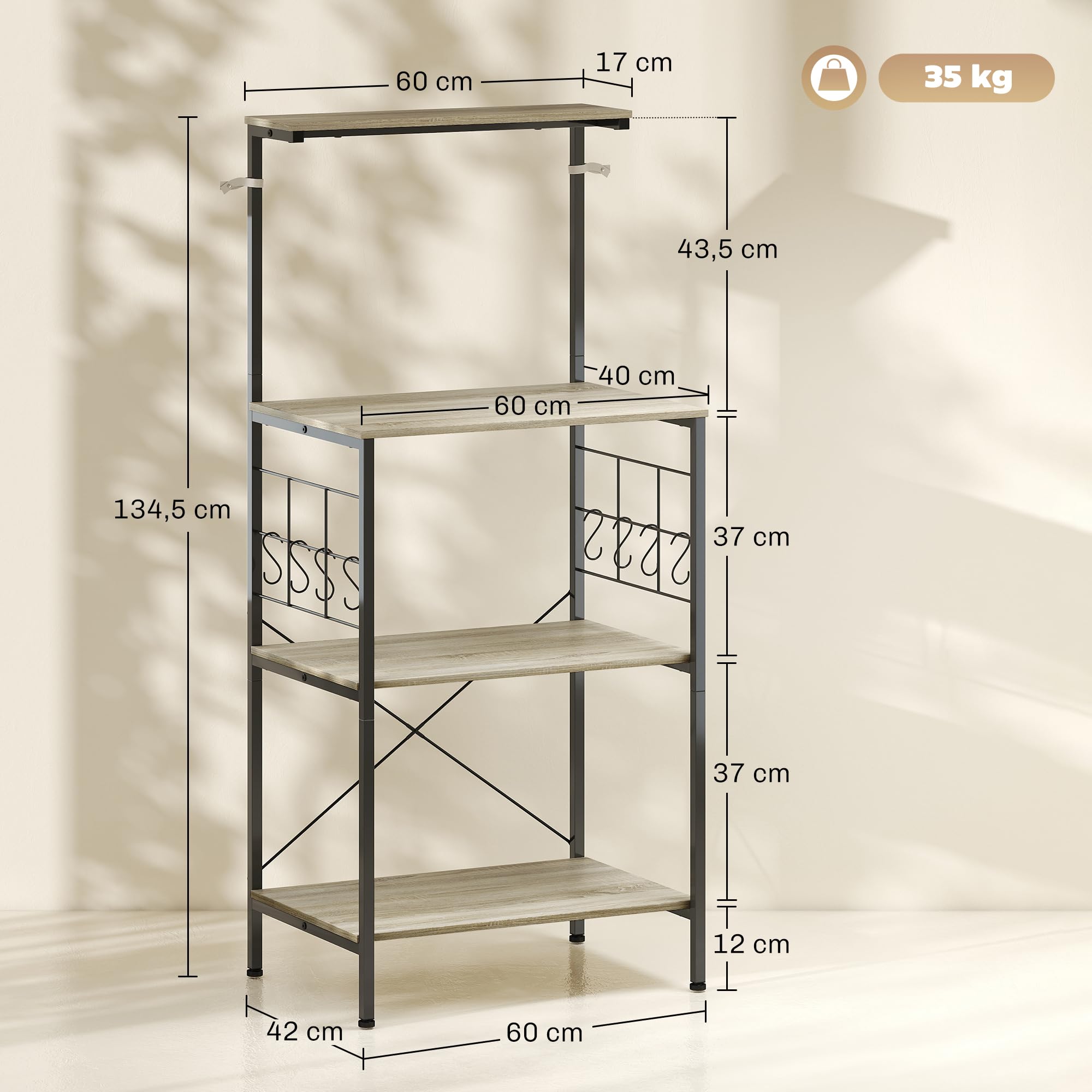 HOMCOM Étagère de cuisine Support Micro-Ondes 60 x 42 x 134,5 cm Chêne | Étagère de Rangement, Panneau Grillagé, 8 Crochets, Station Bar à Café, pour Épices Casseroles Poêles