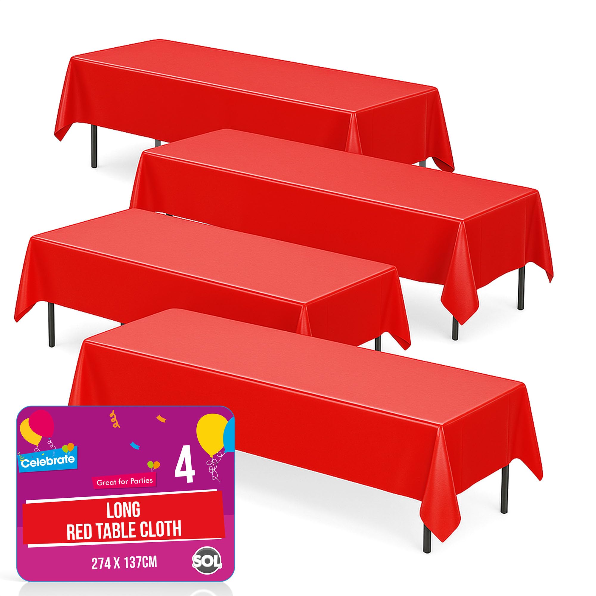 Sol Red 4Pk Long Table Cloth Party 274X137cm Plastic Cover Disposable Tablecloths For Parties - Spill Protection - Great For Weddings, Buffets, Catering, Restaurants, Outdoor Events & Celebrations