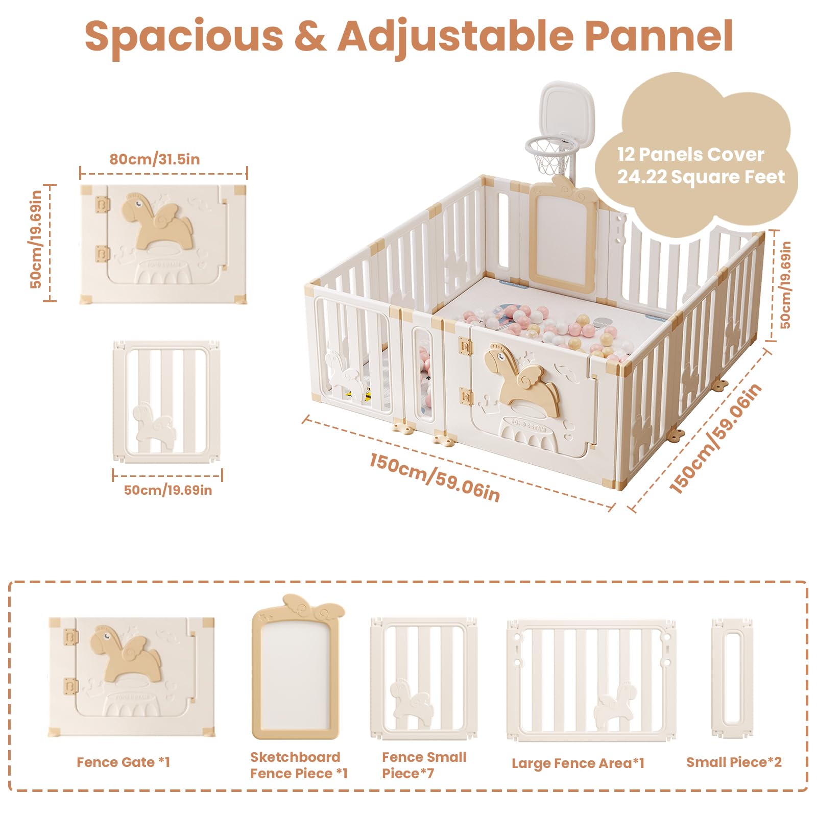UBRAVOO Parc bébé avec panier de basket, parc de jeu sécurisé Angel Horse avec tableau blanc et 30 balles de piscine colorées, intérieur ou extérieur (kaki, 12 panneaux)
