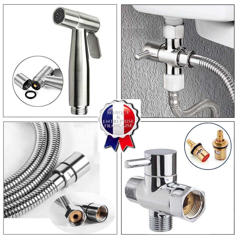 BbfStyle - Marque Française - SUS 304 - Kit douchette WC pour l'hygiène intime - Avec Vanne 3 voies aux Standard Français (3/8"-12x17mm) - Métallique - Finition Nickel Brossé - Taharat