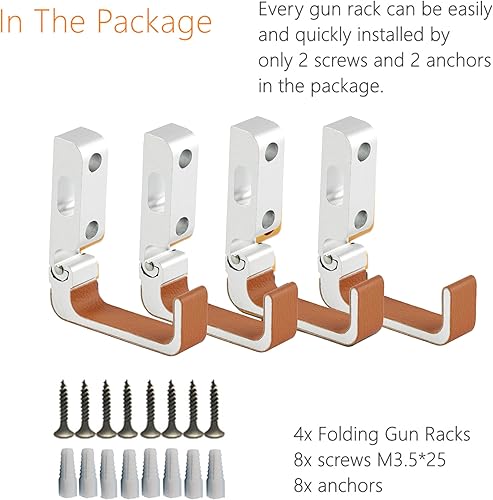 Miniatura 8 de Horizontal Folding Gun Rack with Cable Lock Hole, Aluminum Shotgun Rifle Hooks with Anti-Scratch Eco-Leather Padding, Indoor Wall Mount Display for