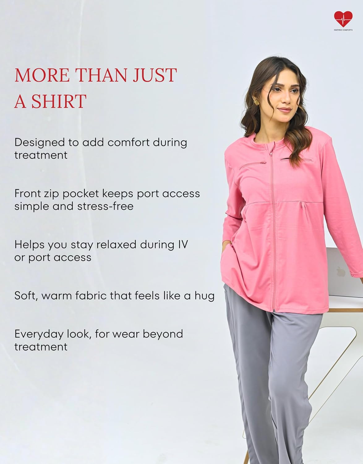Women’s Chemo IV Port Zip Access Shirt – Front Zipper, Shoulder Fasteners, Full Sleeves