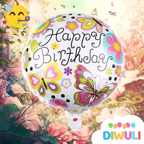 Miniatura 2 de DIWULI Globo de mariposa de feliz cumpleaños  Globo de feliz cumpleaños, globo de papel de aluminio redondo para niños, cumpleaños, niña, niño,