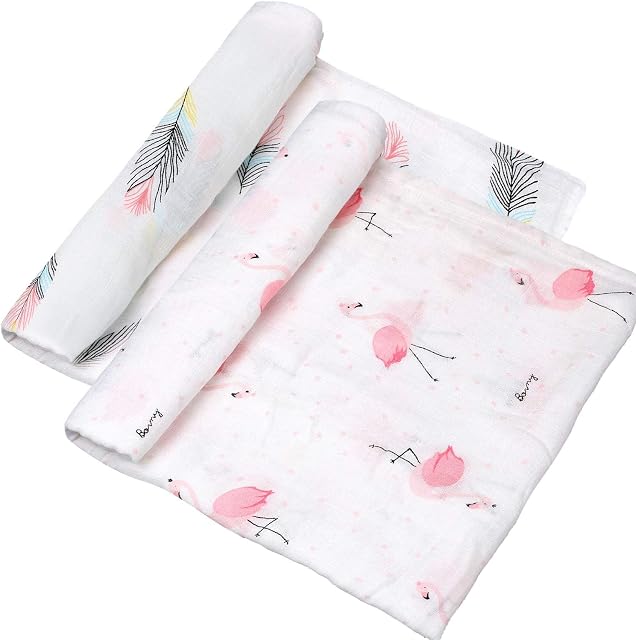 RONGRONG 2 Packs Baby Muslin Swaddle Blankets, 47 x 47 Inch Bamboo Cotton Large Soft Baby Receiving Blankets, Newborn Swaddle Wrap (Flamingo & Feather Print)