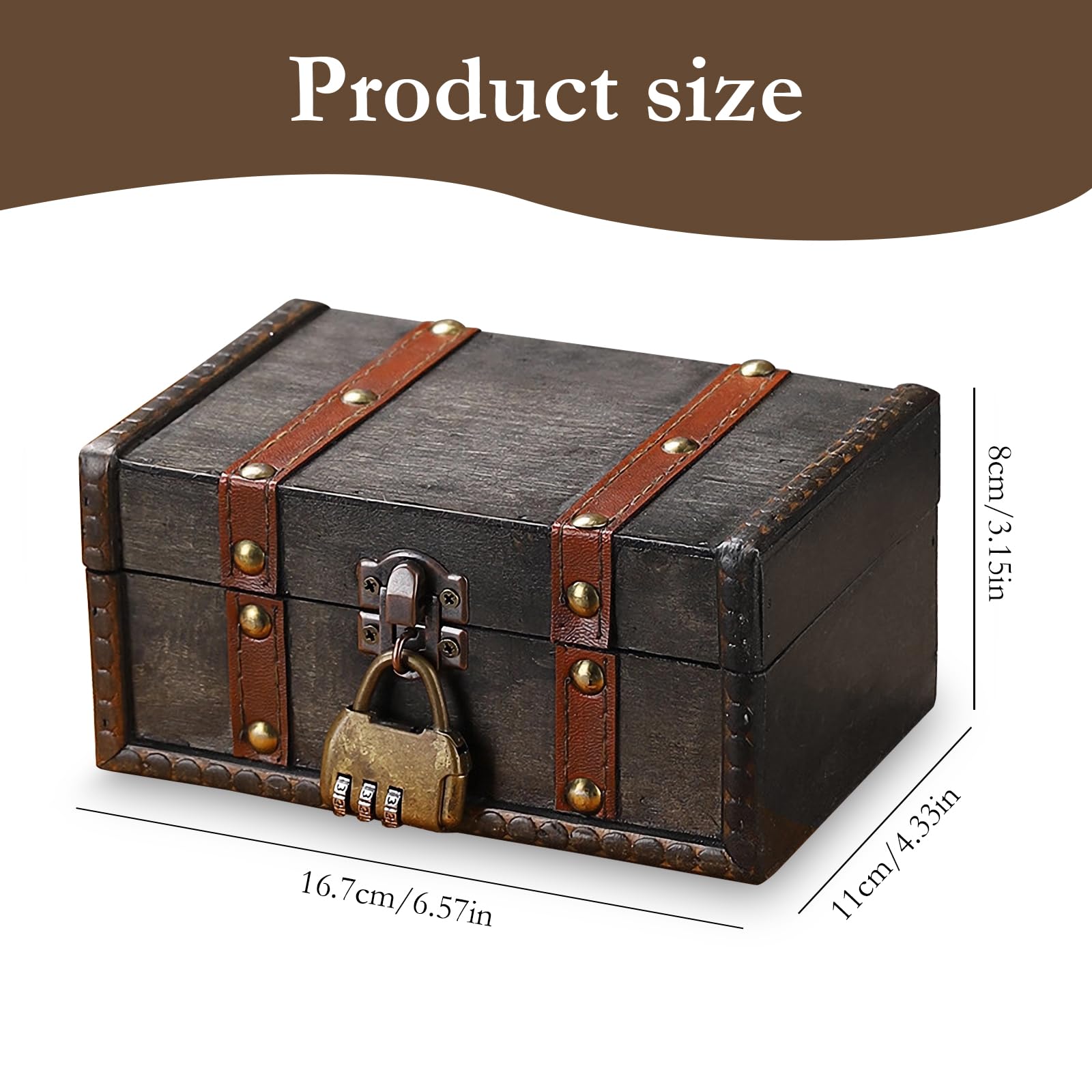 Cofre Pirata Caja Madera Vintage con Candado Numerico Almacenamiento Decoracion 16,7 x 11 x 8 cm