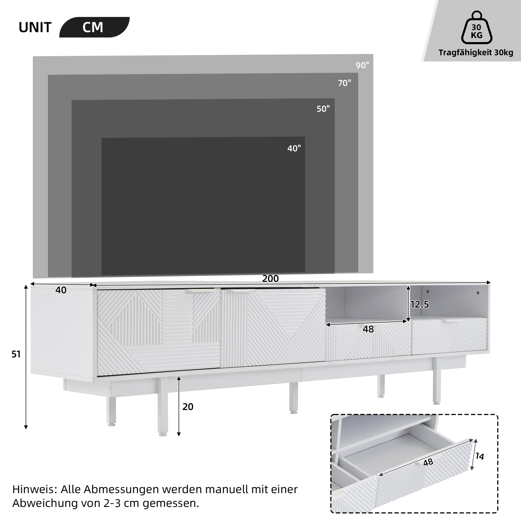TV Lowboard 200 cm Weiß mit geometrischem Muster, TV Schrank für 90 Zoll Fernseher, modernes TV Board mit Stauraum & Türen, TV Unterschrank mit Kabelmanagement & Metallfüßen