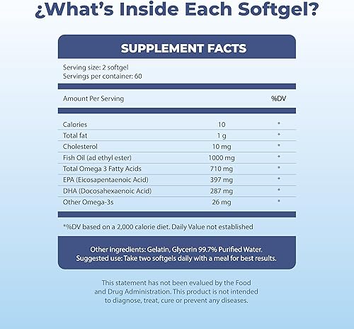 Miniatura 6 de Aceite de pescado Omega 3  Cápsulas de aceite de pescado  Aceite de pescado 1000 mg  Sin olor a pescado  Sin regusto  Sin gluten  60 cápsulas